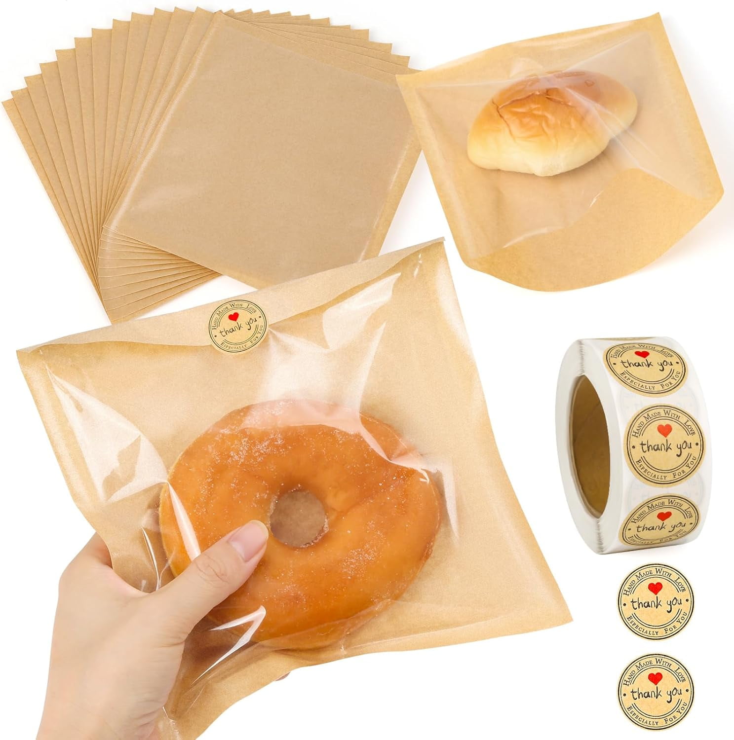 BAODELI 150 Pack Bakery Bags with Window, 7.5 x 7.1 Inches, Paper Sandwich Bags, Donut Bags To Go, Bakery Paper Bags for Treat, Snack, Cookie Waffle Cake Packaging