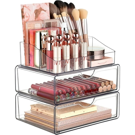 BAODELI 3 Tier Clear Makeup Organizer with Drawer, Cosmetic Storage for Dresser Countertop and Bathroom Vanity, Beauty Holder for Lipstick Brush Skincare