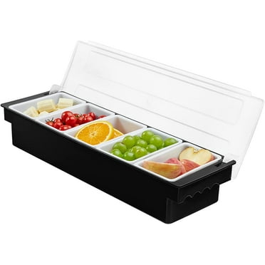 BAODELI Ice Chilled Serving Tray Condiment Pots 5 Compartment Condiment Server Caddy (Black, 5 Compartments)