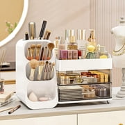 BAODELI Makeup Organizer with Brush Holder for Vanity, Large Plastic Bathroom Countertop Organizer Skin Care Storage, Easy to Store Lipsticks, Nail Polishes, Perfumes, Eyeshadow Palettes, All White