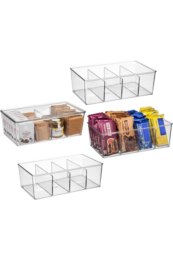 Plastic Pantry Organization and Storage Bins with Dividers & Lids  Perfect Kitchen Organization or Kitchen Storage  Fridge Organizer, Refrigerator Bins, Cabinet Organizers, 4 Pack