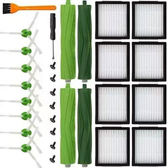 BAODELI Replacement Parts for iRobot Roomba i7 i7+ i2 i3 i3+ i4 i4+ i6 i6+ i8 i8+/Plus j7 j7+ E5 E6 E7, I, E & J Series Vacuum Cleaner, 2 Set Rubber Brushes, 8 HEPA Filters and 8 Side Brushes