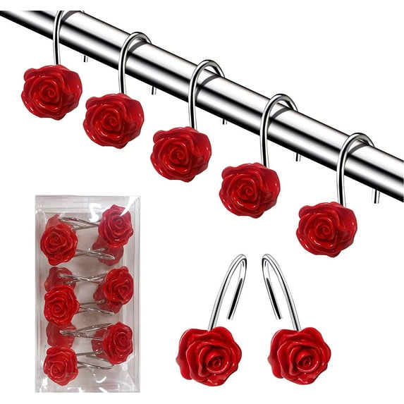 BAODELI Shower Curtain Hooks, 12 Anti-Rust Decorative Resin Hooks (5 Colors Available) for Bathroom, Baby Room, Bedroom, Living Room Decoration (Red)