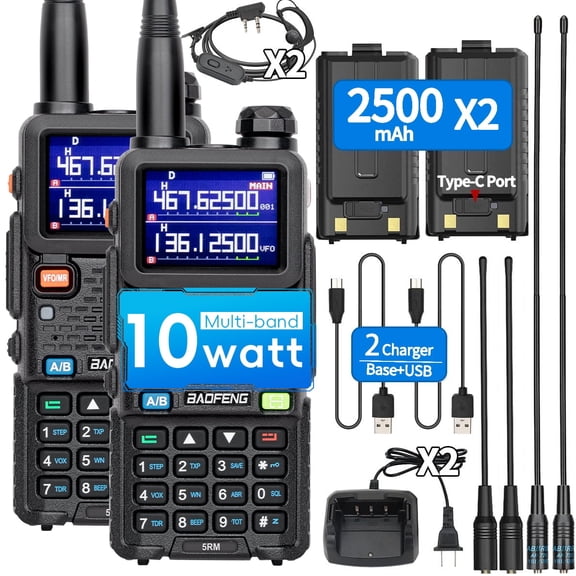 BAOFENG 5RM Ham Radio 10W High Power, Long Range Walkie Talkies Handheld NOAA Emergency Weather Radio, 999CH, USB-C 2500mAh Battery, 6.1" &15.12" 771 Antenna for Survival Gear Hunting Camping -1 Pack