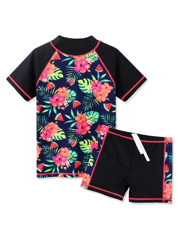 3-12Y Girls Swimsuit 2 Pcs UPF 50+ Black Rash Guard Shirts