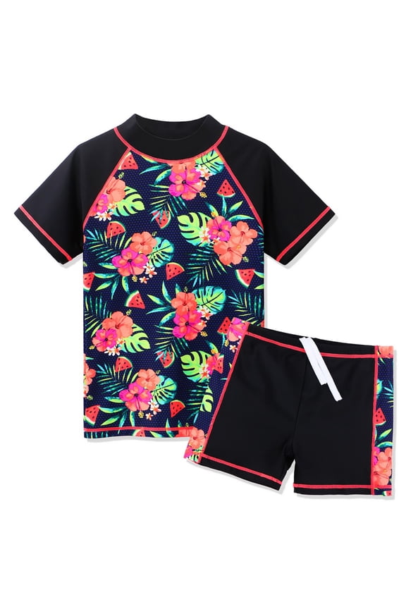 3-12Y Girls Swimsuit 2 Pcs UPF 50+ Black Rash Guard Shirts
