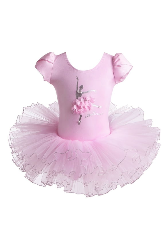 3-8 Years Girls Cotton Tutu Skirted Ballet Dress Ruffle Sleeve Pink Tulle Ballerina Costumes
