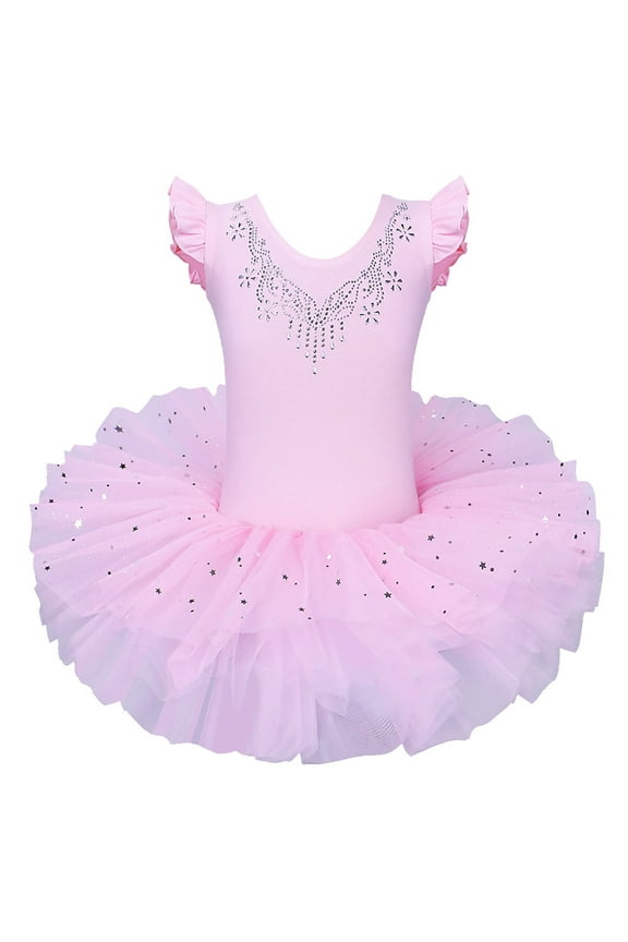 3-8Y Girls Pink Ballet Dress Ruffle Sleeve Dance Tulle Tutu Skirt