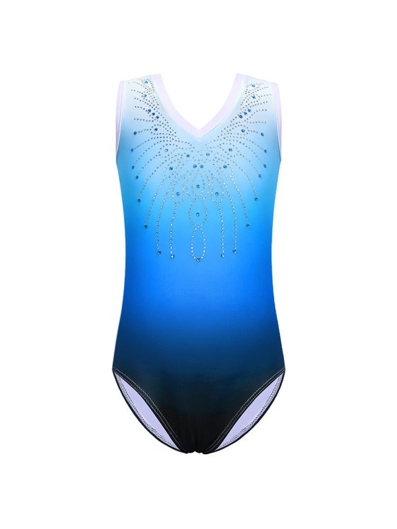 Girls Diamond Gymnastics Leotard Sleeveless Gradient Blue Ballet Dancewear