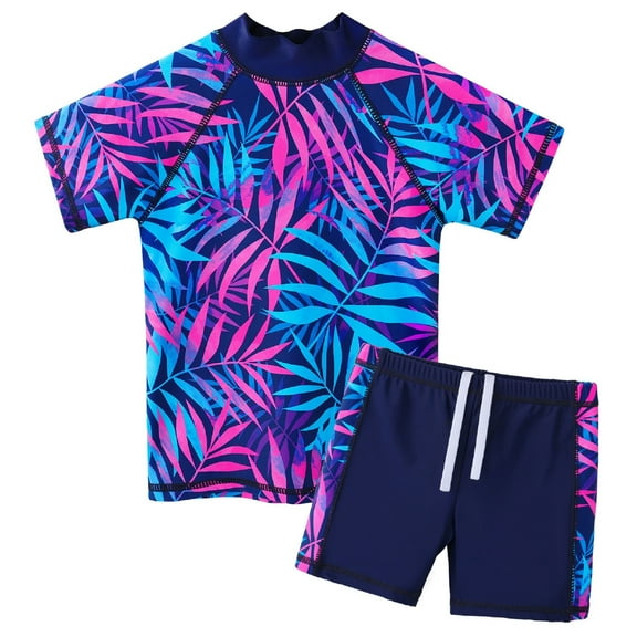 BAOHULU Girls Floral Short Sleeve Swimsuits Kids Rash Guard Two Pieces UPF 50  Swimwear