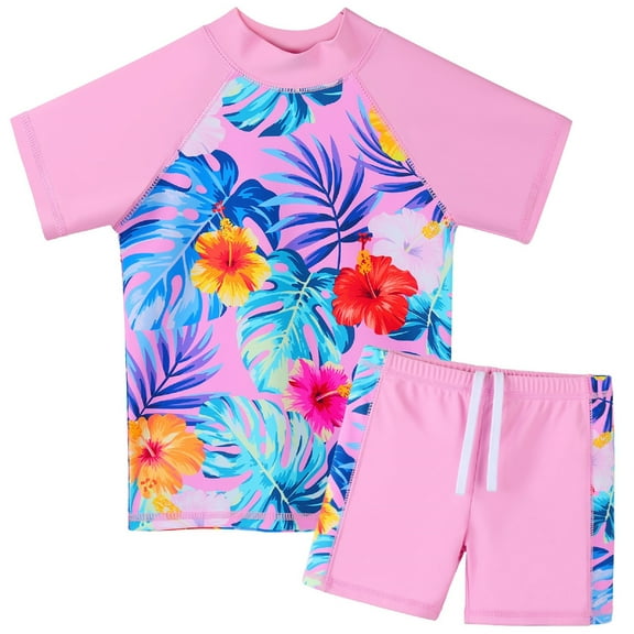 BAOHULU Girls Floral Short Sleeve Swimsuits Kids Rash Guard Two Pieces UPF 50 Swimwear