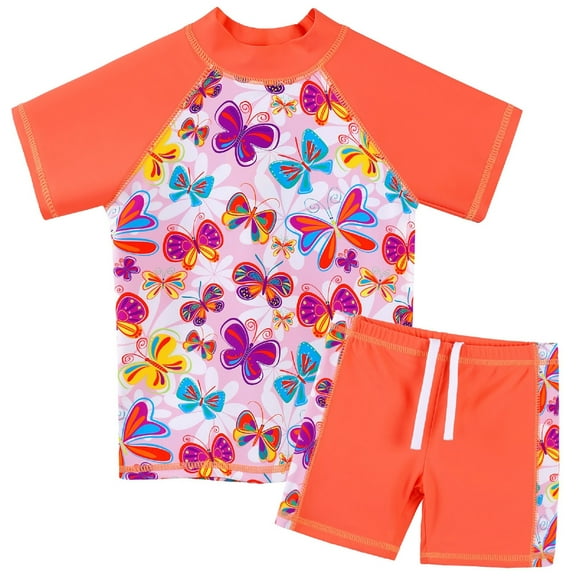 BAOHULU Girls Floral Short Sleeve Swimsuits Kids Rash Guard Two Pieces UPF 50 Swimwear