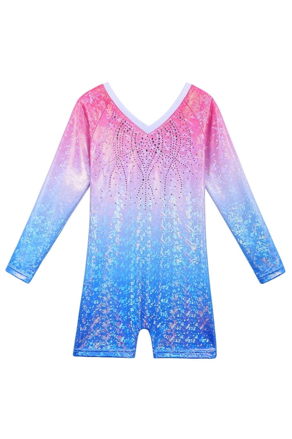 Girls Gymnastics Leotard Long Sleeve Diamond Pink Tank Biketards