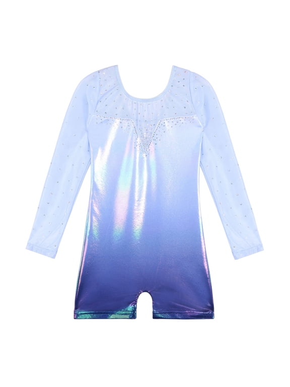 Girls Gymnastics Leotards with Shorts Sparkle Sequin Long Sleeve White Ballet Dancewear