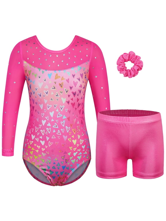 Girls Long Sleeve Gymnastics Leotard Set Heart Print with Bike Shorts and Scrunchie