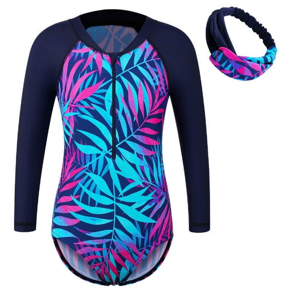BAOHULU Girls Long Sleeve Swimsuit UPF 50+ Sun Protection Swimwear Rashguard Bathing Suit with Hairband