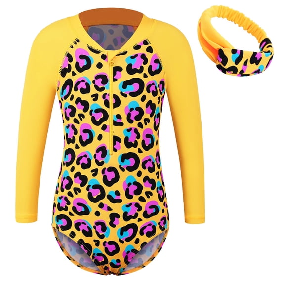 BAOHULU Girls Long Sleeve Swimsuit UPF 50+ Sun Protection Swimwear Rashguard Bathing Suit with Hairband