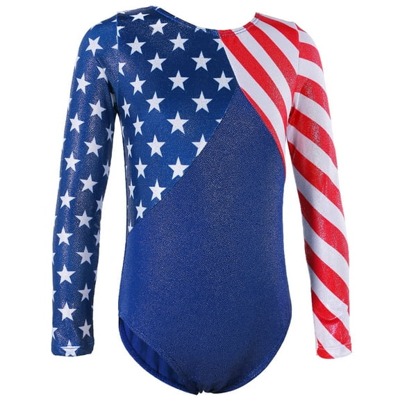 BAOHULU Girls One-Piece Gymnastics Leotard Long Sleeve Blue Stripes Dancewear