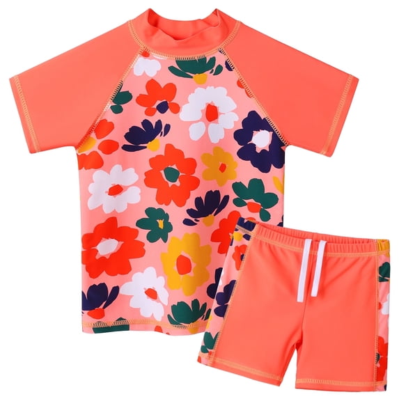 BAOHULU Girls Printed Short Sleeve Swimsuits Kids Rash Guard Two Pieces UPF 50+ Swimwear