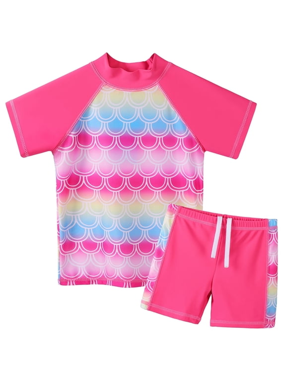 Girls Printed Short Sleeve Swimsuits Kids Rash Guard Two Pieces UPF 50+ Swimwear