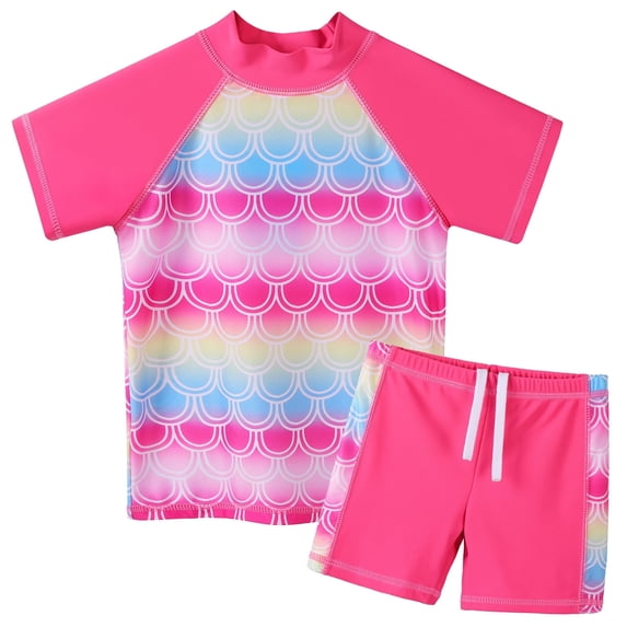 BAOHULU Girls Printed Short Sleeve Swimsuits Kids Rash Guard Two Pieces UPF 50+ Swimwear