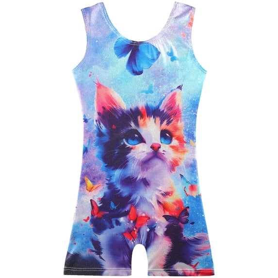BAOHULU Girls Sleeveless Gymnastics Leotard Blue Kitten Butterfly Print Ballet Dancewear