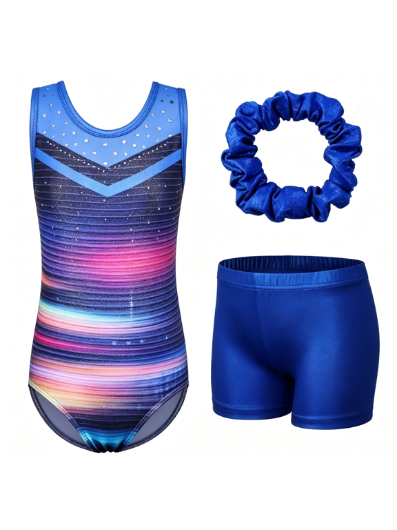 Girls Sleeveless Gymnastics Leotard Set Sparkle Dance Leotard with Shorts