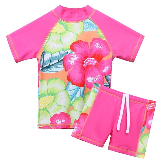 BAOHULU Girls Two Piece Swimsuit Green Floral UPF 50+ Rash Guard Set Kids Short Sleeve Swimwear