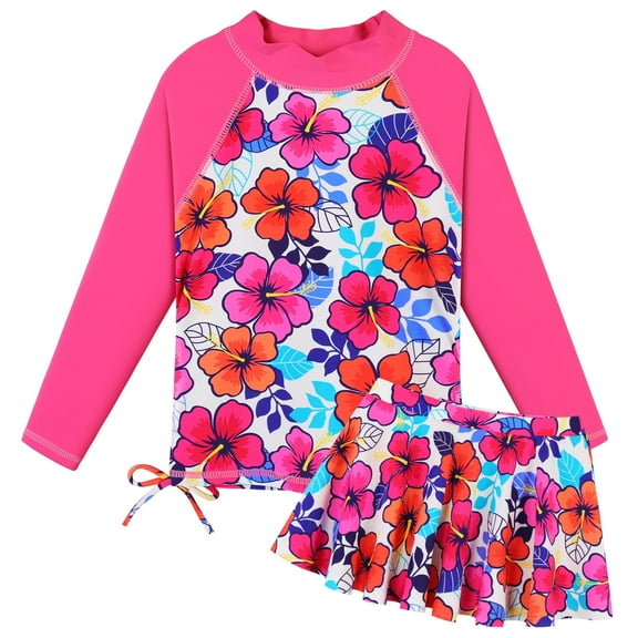 BAOHULU Girls Two-Piece UPF50+ Swimsuits Long Sleeve Rash Guard Kids Bathing Suit with Swim Skirt