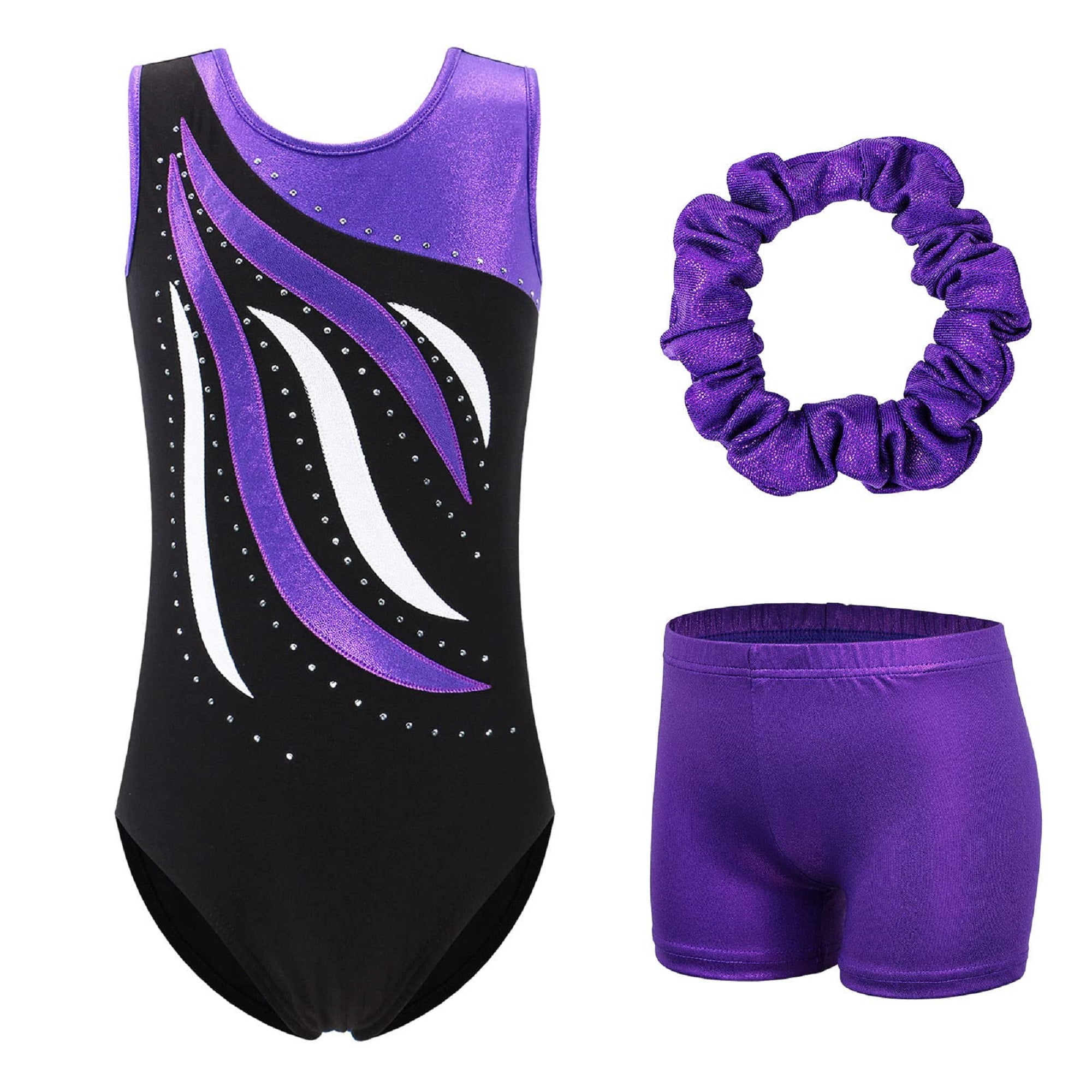 BAOHULU Gymnastics Leotards for Girls Dance Unitards Matching Shorts 3 Pieces Set Sparkly Kids