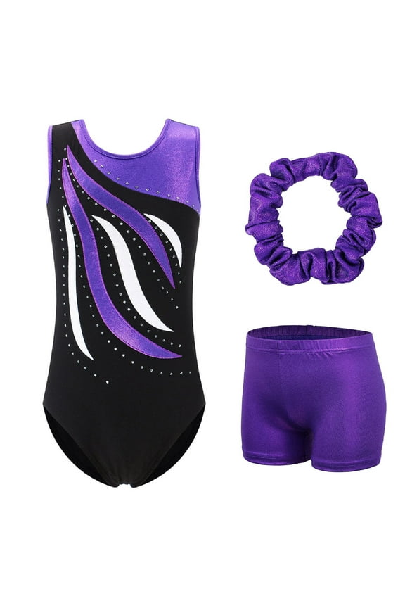 Gymnastics Leotards for Girls Dance Unitards Matching Shorts 3 Pieces Set Sparkly Kids Sleeveless Dancewear