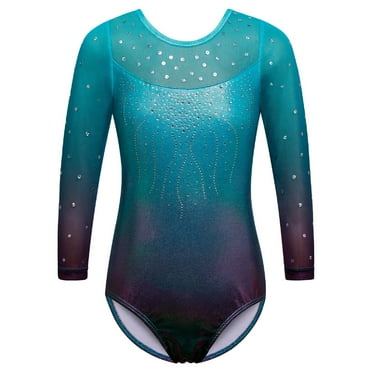 BAOHULU Sequin Gymnastics Leotard for Girls 3/4 Sleeve Gradient Cyan Dancewear