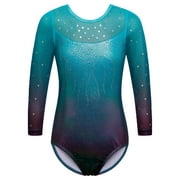BAOHULU Sequin Gymnastics Leotard for Girls 3/4 Sleeve Gradient Cyan Dancewear