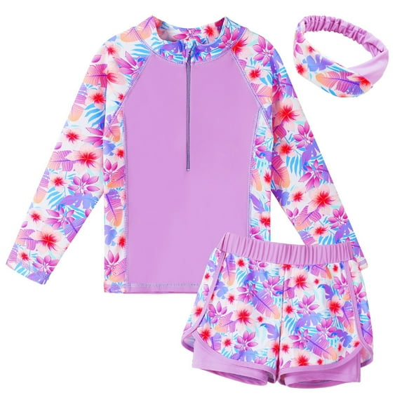 BAOHULU Two-Piece Girls Long Sleeve Swimsuits Sun Protection Bathing Suit with Hairband