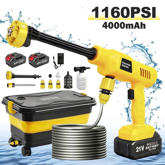 BAOKALER 1160PSI Pressure Washer with Foldable Water Container, 4.0Ah Dual Batteries, 6-in-1 Adjustable Nozzle, Portable Power Cleaner for Car Wash, Fences, Patio & Outdoor Cleaning – Yellow