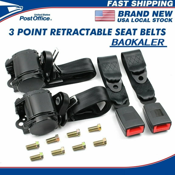 BAOKALER 2 Pack Seat Belt, 3 Point Retractable Seat Belt, Adjustable Car Seat Belt Lap Shoulder, Black