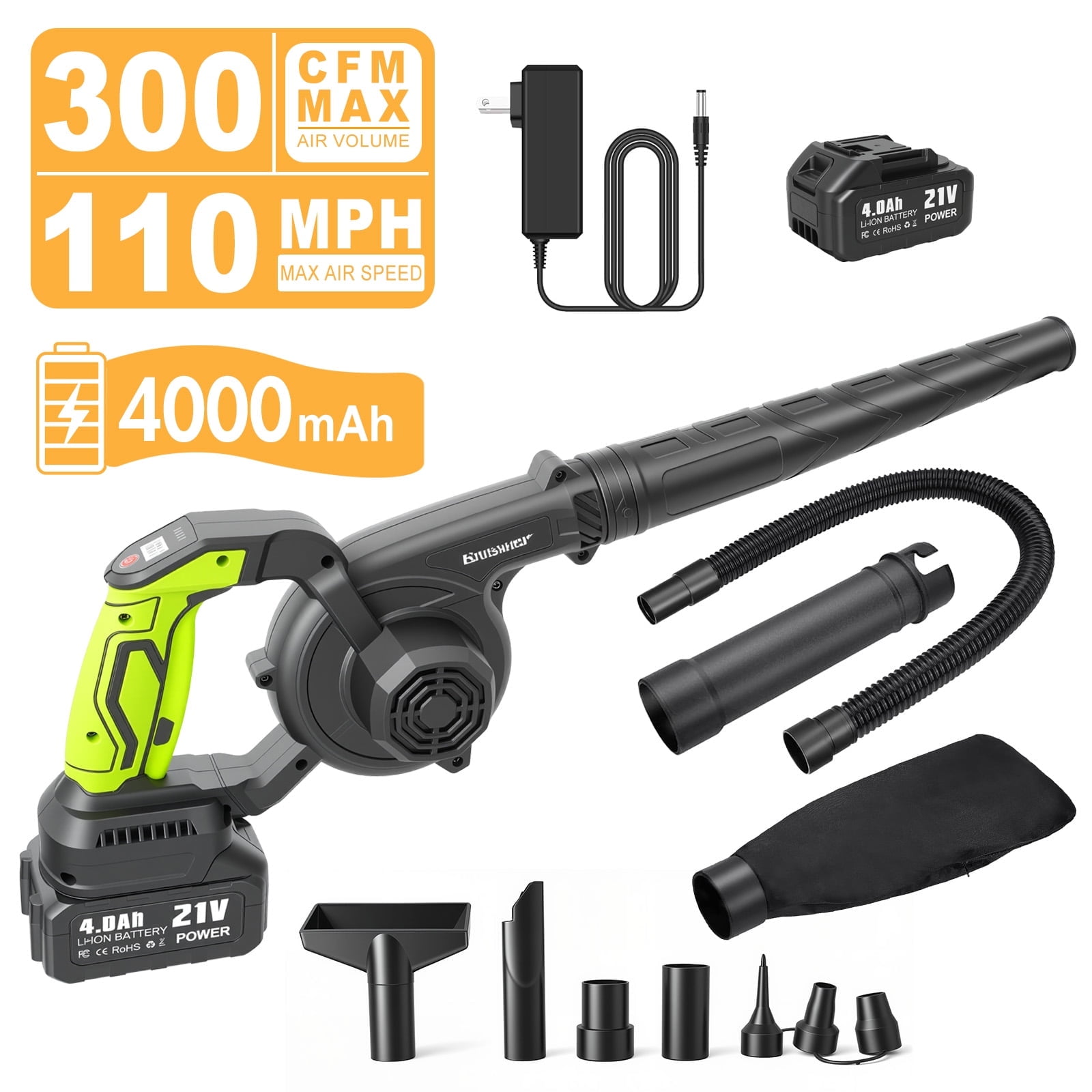 BAOKALER 2-in-1 Leaf Blower&Vacuum, 4AH Cordless Leaf Blower with 3 Speed Modes and LED Display