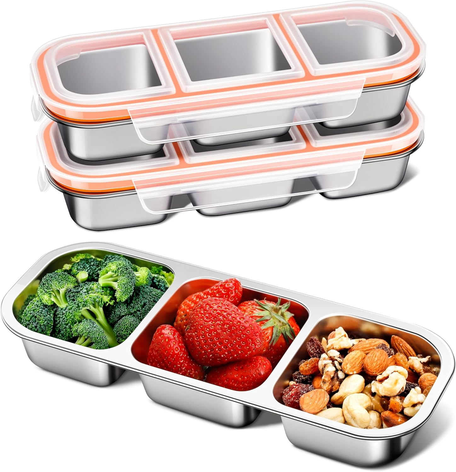BAOKALER 20 OZ/600ml Stainless Steel Lunch Box, Silver, Three Compartments (Set of 3), Packaged in Kraft Paper Box. Material: 304 Stainless Steel, US Standard Silicone, PP Lid