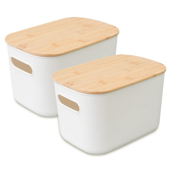 CATGOOD 2PCS Premium Minimalist Storage Boxes with Bamboo Lids, Plastic Storage Baskets, White Stackable Storage Bins with Lids for Kitchen, Cabinet, Bathroom, 10.24"×7.09"×6.3"