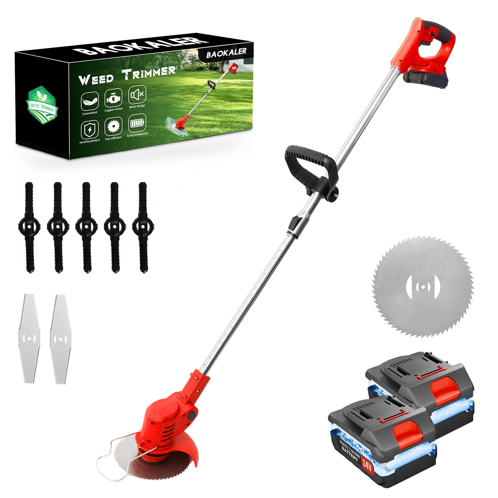 BAOKALER 24V Cordless Weed Trimmer, 650W Electric Weed Wacker, Battery Powered Weed Eater for Lawn Yard Garden, 2PC 2000mAh Batteries and Charger, 3 Types of Blades, Red