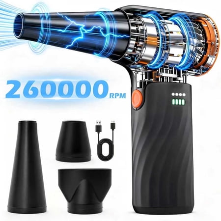 BAOKALER 260000RPM Compressed Air Duster with Brushless Motor, 3 Speeds Adjustable and Rechargeable, 6AH Dust Cleaner for Keyboard, Computer, Car, Outdoor, Air Bed