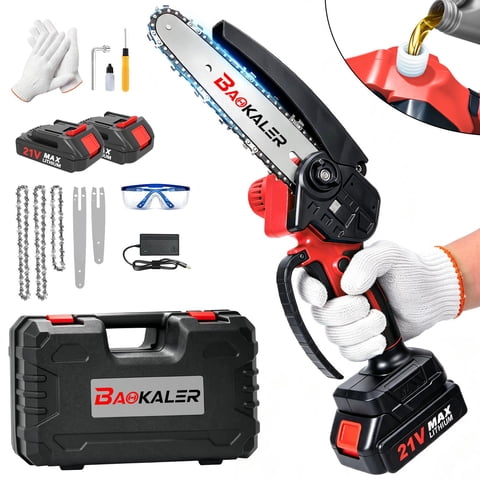 BAOKALER 4 & 6 inch Mini Chainsaw, 21V Electric Chainsaw with 2×2.0Ah Batteries & 3 Chains for Tree Trimming and Wood Cutting, Red