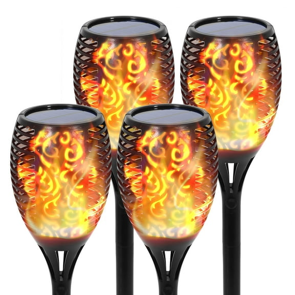 BAOKALER 4Pk Flickering Flame Solar Lights, 96 LED Warm Light Solar Flame Torches, Waterproof Auto-on/off Lamp with Vivid Dancing Flickering Flames, Outdoor Garden Patio Pathway Decor.