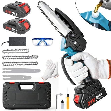 BAOKALER Mini Chainsaw, 4 & 6 inch Handheld Electric Chainsaw with 2×2.0Ah Batteries and 3 Chains for Tree Trimming Wood Cutting, Blue
