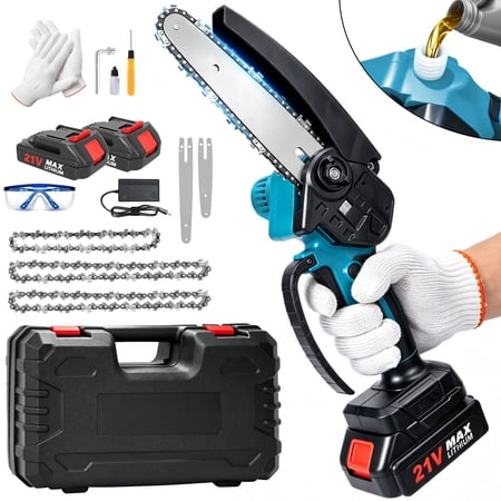 BAOKALER 4 & 6 Inch Mini Cordless Chainsaw, Portable Handheld Electric Chain Saw with 2×2.0Ah Batteries & 3 Chains, for Tree Trimming and Wood Cutting,Blue