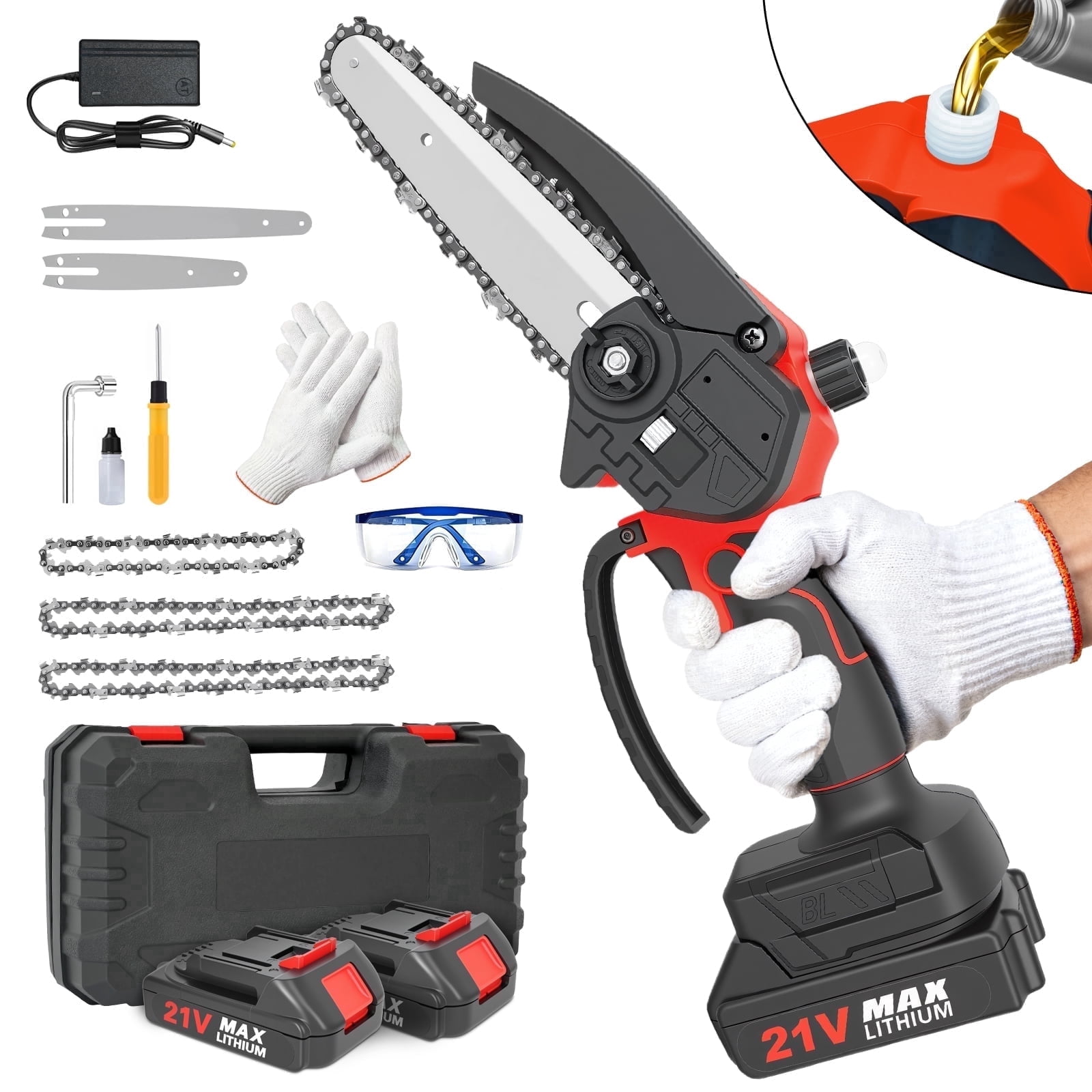 BAOKALER Mini Chainsaw, 4 & 6 inch Handheld Electric Chainsaw with 2×2.0Ah Batteries and 3 Chains for Tree Trimming Wood Cutting, Red