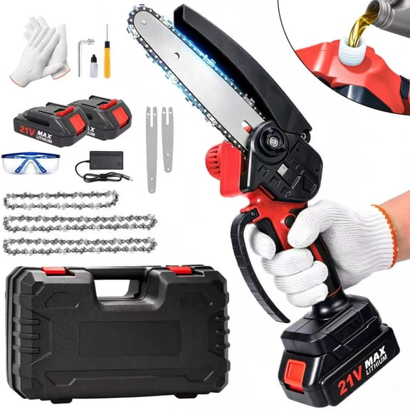 BAOKALER 4 & 6 Inch Mini Cordless Chainsaw, Portable Handheld Electric Chain Saw with 2×2.0Ah Batteries & 3 Chains, for Tree Trimming and Wood Cutting, Red