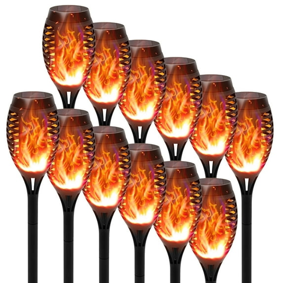 Flickering Flame Outdoor Solar Lights, 12 Packs Tiki Torch Lights for Outside, LED Waterproof Solar Garden Lights for Yard Decor, Patio Decor, Landscape, Pathway