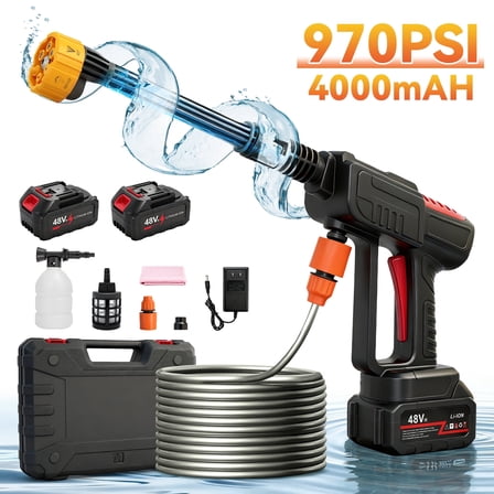 BAOKALER 970PSI Cordless Pressure Washer with 2 x 4.0Ah Rechargeable Batteries, Portable Pressure Washer with 6-in-1 Adjustable Nozzle for Cars/Patios