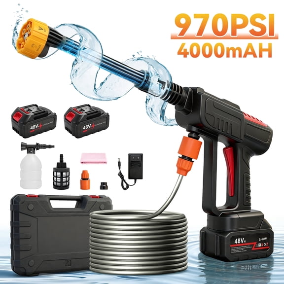 BAOKALER 970PSI Cordless Pressure Washer with 2 x 4.0Ah Rechargeable Batteries, Portable Pressure Washer with 6-in-1 Adjustable Nozzle for Cars/Patios